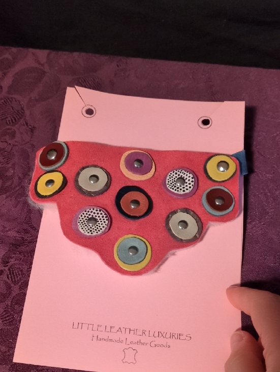 Artisan Handmade Coral Shearling Statement Necklace with Blue Leather Strap - Picture 8 of 9